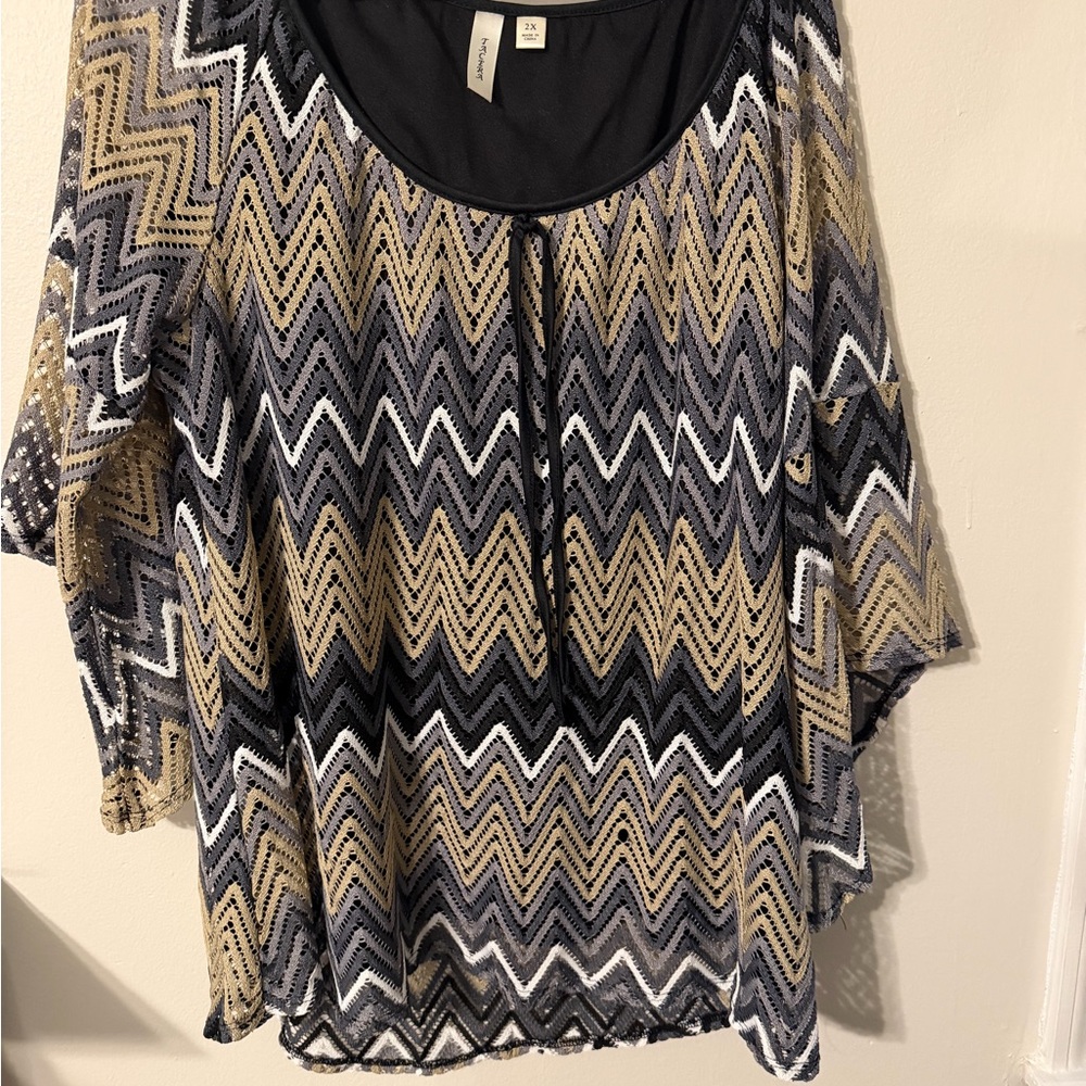 Tacera Black, White, and Tan Chevron Blouse